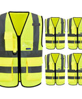 Five Pack Hi Vis Construction Vests Size XXL With 7 Pockets And 360 Degree Reflective Strips Lightweight 100 Percent Polyester Neon Safety Gear For Outdoor Work