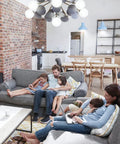 Family relaxing in living room under Super Bright Daylight 5000K A21 LED Bulbs 2500 Lumens E26 Base Non Dimmable 23W