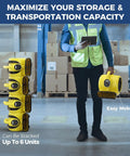 Worker holding 600 CFM Air Mover Blower GF600A Yellow, shown with stackable units for easy storage and mobility in industrial setting.
