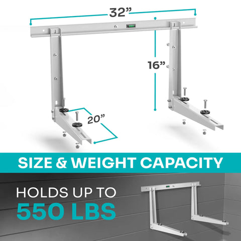 Beefy Outdoor Mini Split Wall Mount Bracket For 9000 To 36000 BTU Units Weatherproof, 32x16x20 in, showing size and capacity details