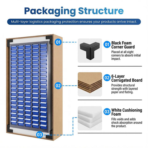 Packaging structure of 100 Drawer Parts Cabinet With Mega Capacity For Garage Shop Tools, showing protective layers and corner guards.