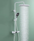 Wall Mounted Exposed Shower System 3 Functions Chrome with rainfall showerhead and handheld sprayer on green wall.