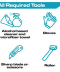 All required tools for installation including cleaner, gloves, sharp blade, and roller for soundproofing kit.
