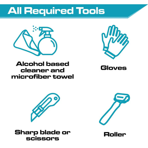 All required tools for installation including cleaner, gloves, sharp blade, and roller for soundproofing kit.