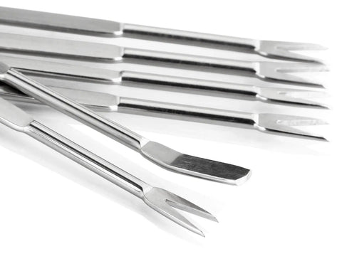 Close-up of six forks from the 8 Piece Seafood Tool Kit With Lobster Crackers And Forks, Pro Grade Chrome Plated Zinc Alloy