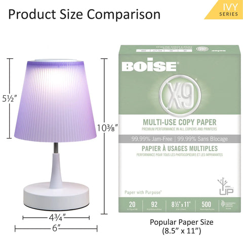 Purple Kids Table Lamp For Bedrooms And Nurseries With USB Charging Port Cute Bedside Nightstand Light size comparison with paper