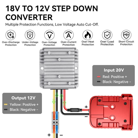 18V To 12V Buck Converter For M18 Battery, 240W DC Regulator diagram showing wiring and protection features