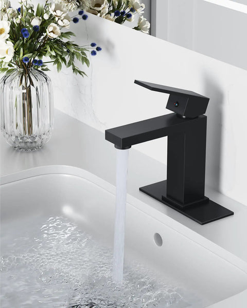 No Brainer Install Matte Black Bathroom Faucet With Deck Plate Kit in use, water flowing from single handle stainless steel faucet