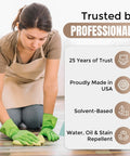 Woman using 64 Oz Impregnating Stone Sealer All In One With Stain Guard indoors; trusted by professionals; key features shown.