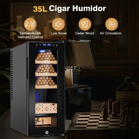 Electric Cigar Humidor Cabinet With 35L Capacity Precise Temperature And Humidity Control Spanish Cedar Shelves and Safety Lock