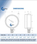 Dimensions diagram of 2-1/2 Inch Dry Pressure Gauge With Chrome Plated Steel Case Lower Mount 1/4 NPT Dual Scale Psi Bar KPa.