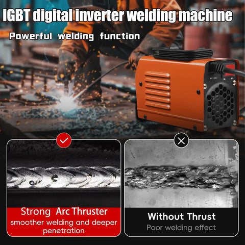 IGBT digital inverter welding machine with strong arc thruster effect, showcasing Mini Portable MMA 250A Stick Welder 110V IGBT Inverter With Hot Start Arc Force Anti Stick Lightweight Budget Friendly For Beginners And DIY Projects Easy Setup Perfect For Home Garage And Outdoor Use.