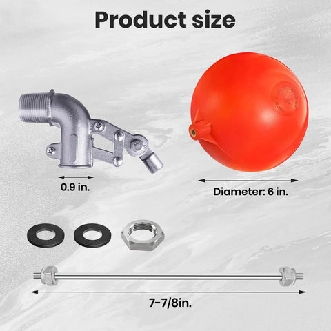 Heavy Duty Stainless Steel Float Valve For Water Tanks With Six Inch Float Ball And Three Quarter Inch Inlet Automatic Water Level Control For Commercial Agricultural And Industrial Use Rust Resistant 304 Grade, 6 in ball