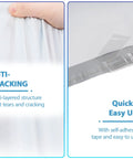 12x15.5 Inch White Poly Mailers 100 Pack With Tough Self Seal Adhesive showing anti-cracking structure and easy adhesive