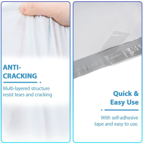 12x15.5 Inch White Poly Mailers 100 Pack With Tough Self Seal Adhesive showing anti-cracking structure and easy adhesive
