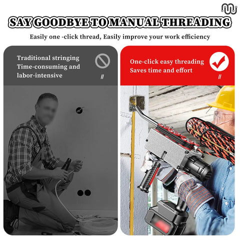 Ultimate Cordless Electric Wire Puller And Tugger Machine With Automatic Threading For Walls shown in use, highlighting one-click threading feature.