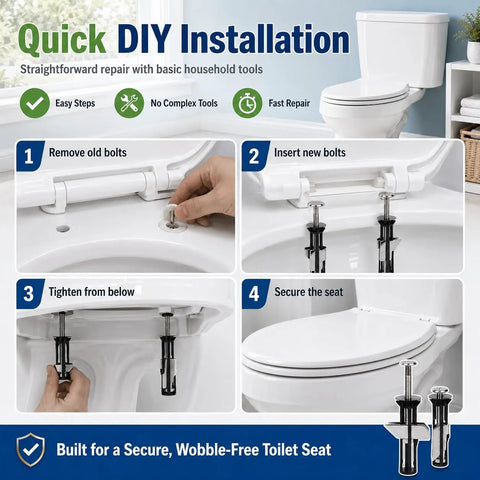 Quick DIY installation steps for Top Shelf Heavy Duty Toilet Seat Bolt Kit Featuring Rust Resistant Stainless Steel Screws.