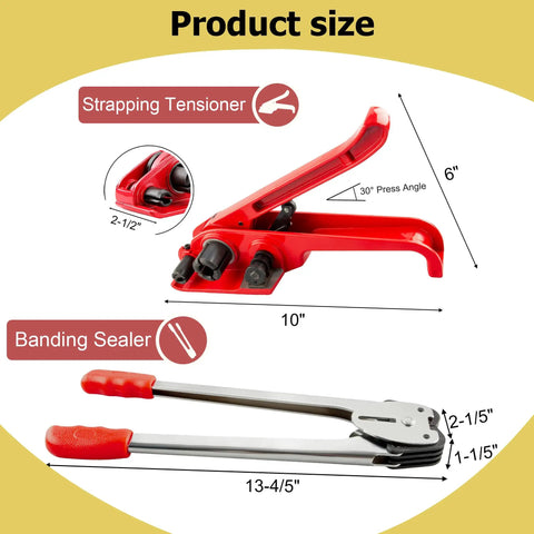 Heavy Duty Full Set Pallet Strapping Kit With Poly Strap Tensioner And Band Sealer, product sizes shown.