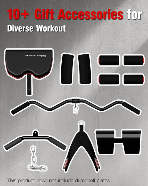 All-In-One Home Gym Machine With Pulley System accessory set for diverse workout, including bar attachments and protective pads