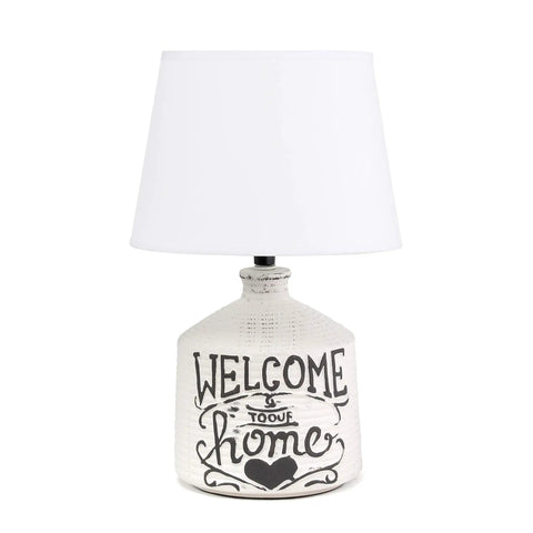 Welcome Home Rustic Ceramic Farmhouse Table Lamp With White Linen Shade, White Wash Ridged Base decorated with 'Welcome to our home'.