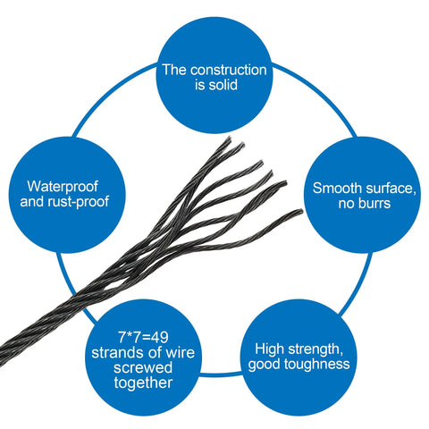 Close-up of 50 Feet One-Eighth Inch Black Heavy-Duty T316 Stainless Steel Cable Wire Rope Aircraft Cable Railing System strands and features.