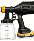 Kickass Brushless HVLP Paint Sprayer With Insane Flow Rates For Smoothing Out Furniture Cabinets Fences And Walls In A Flash showing close-up of nozzle and cup.