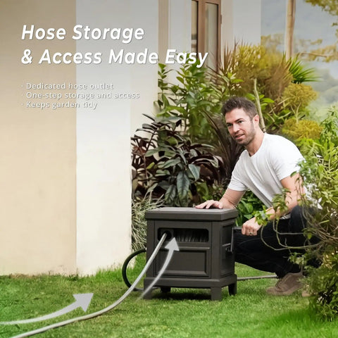Man using Heavy Duty Steel Garden Hose Reel Deck Box Holds 125 Ft Of 5/8 Inch Hose With Leak Proof Aluminum Water System outdoors.