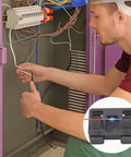 Person using Portable All-Purpose Welding Fixture With Adjustable Base And Heavy-Duty Clamps for wire work in a cabinet.