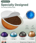Reusable Aluminum Foil Lids For Nespresso VertuoLine Pods showing fit on Vertuo coffee pod with seal demonstration.
