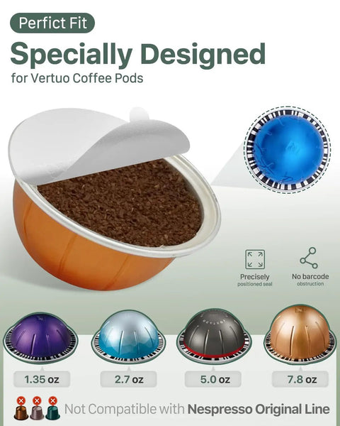 Reusable Aluminum Foil Lids For Nespresso VertuoLine Pods showing fit on Vertuo coffee pod with seal demonstration.