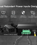 Industrial Ethernet Switch With Four Ports Plus One Uplink 10 100 Mbps Fanless DIN Rail And Wall Mount IP40 shown with power inputs