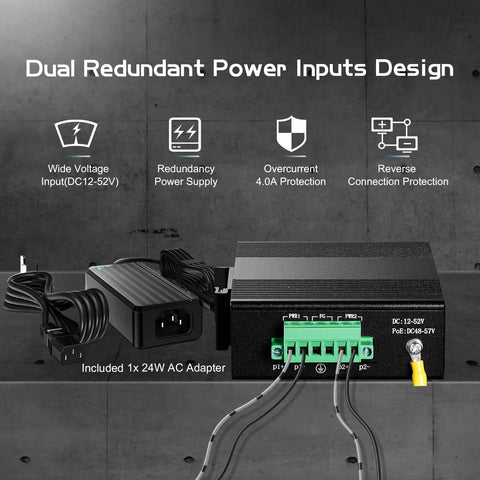 Industrial Ethernet Switch With Four Ports Plus One Uplink 10 100 Mbps Fanless DIN Rail And Wall Mount IP40 shown with power inputs