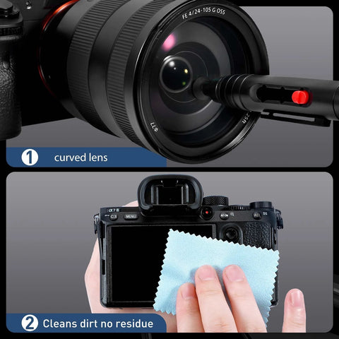 Camera lens cleaning kit with blower and cleaning tool cleaning a curved lens; DSLR camera being wiped with blue microfiber cloth