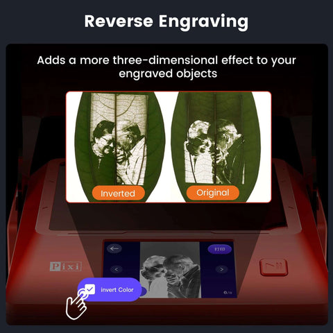 Front view of a compact red Pixi laser engraver with built-in AlgoOS, showing a reverse-engraving demo on leaves.