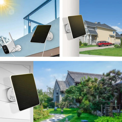 6W Solar Panel For Outdoor Security Cameras With Micro USB Port mounted on house exteriors in various settings