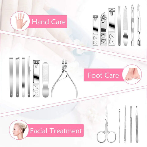 18 Piece Manicure And Pedicure Set With Stainless Steel Tools, Travel Hygiene Kit, featuring tools for hand, foot, and facial care
