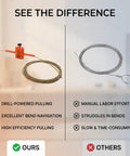 Asixxsix Automatic Drill Powered Wire Puller And Cable Rope Feeder With Forty-Nine Point Two Foot Steel Line Adapter efficiency comparison showing drill-powered tool vs manual methods.
