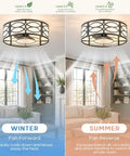 akiuzna Boho Caged Ceiling Fan with Light and Remote, Low Profile Fandelier showcasing seasonal airflow settings in a living room.