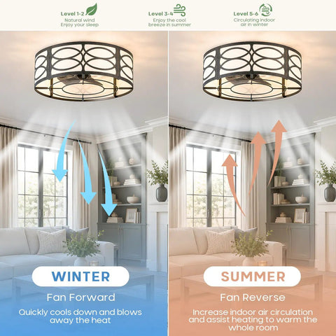akiuzna Boho Caged Ceiling Fan with Light and Remote, Low Profile Fandelier showcasing seasonal airflow settings in a living room.