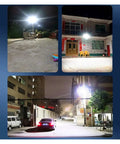 JUDYSSY Solar Outdoor Courtyard Lights 5-in-1 Led Beads High-Power Floodlights illuminating a courtyard and building at night.