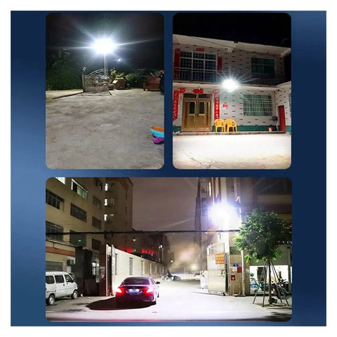JUDYSSY Solar Outdoor Courtyard Lights 5-in-1 Led Beads High-Power Floodlights illuminating a courtyard and building at night.
