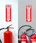 Metal Fire Extinguisher Sign 4 Pack, 12 By 4 Inch Aluminum, Rust Free Heavy Duty, Reflective Waterproof, mounted above extinguishers