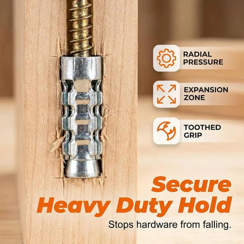 Close-up of 10 Pack Gold Cabinet Hinge Repair Kit With Short Expansion Anchors showing radial pressure and toothed grip
