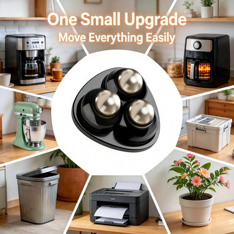 Self-Adhesive Ball Casters With 360 Degree Swivel, Mini Universal Caster Wheels For Countertops, Equipment And Small Furniture, Peel And Stick Install, No Drill, Black, 4 Pack shown with various home appliances.