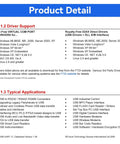 Product detail sheet showing driver support and typical applications for USB To TTL Serial Converter Adapter With Type C Cable For Arduino FT232RL FTDI Breakout Board 3.3V 5V Plug And Play USB Power Protection With 500mA Fuse And Stable TTL Signals For DIY Projects.