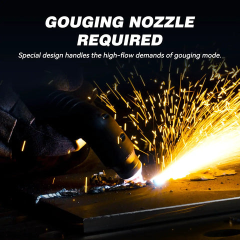 Close-up of IPT60 plasma gouging nozzle in action emitting sparks, highlighting its use with plasma cutters, 23 pcs set compatible.