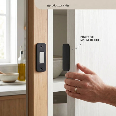 Magnetic Cabinet Door Catch Set 20 Piece Adhesive Back Magnetic Latch With Stainless Steel Construction installed on cabinet