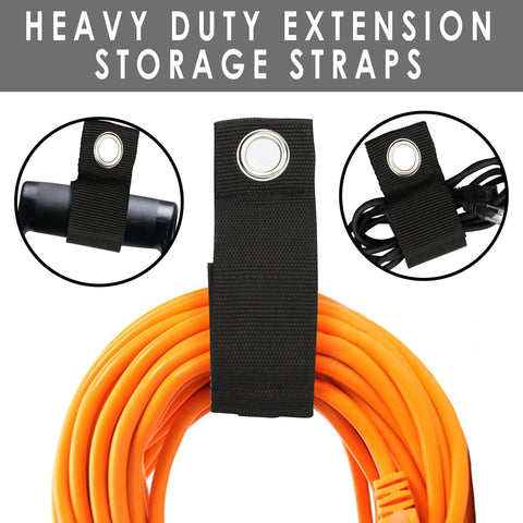 Heavy duty extension storage straps organizing coiled orange extension cords with black durable loops and grommets