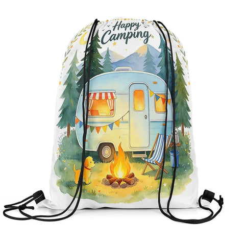 Water Resistant Drawstring Backpack 13x16 Inch Lightweight Gym Sack featuring camping scene with camper, campfire, trees and a dog.