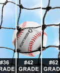 Heavy Duty Batting Cage Netting, Fully Enclosed Baseball And Softball Cage Net, Weatherproof HDPP Twine With UV Stabilization shown with baseball caught in net, demonstrating different grades